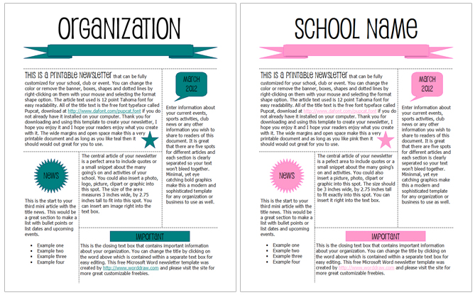 teal and pink modern designed newsletter templates